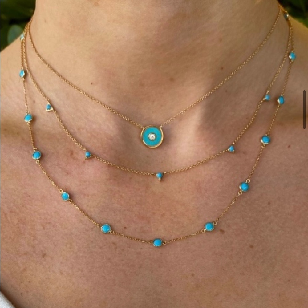 MOONDANCE 14K YELLOW GOLD INVERTED TURQUOISE TRIANGLE STATION NECKLACE - Picture 2 of 9